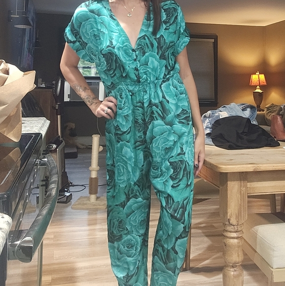 Zara Floral Botanical Rose Motif Teal / Emerald Jumper - Picture 7 of 9